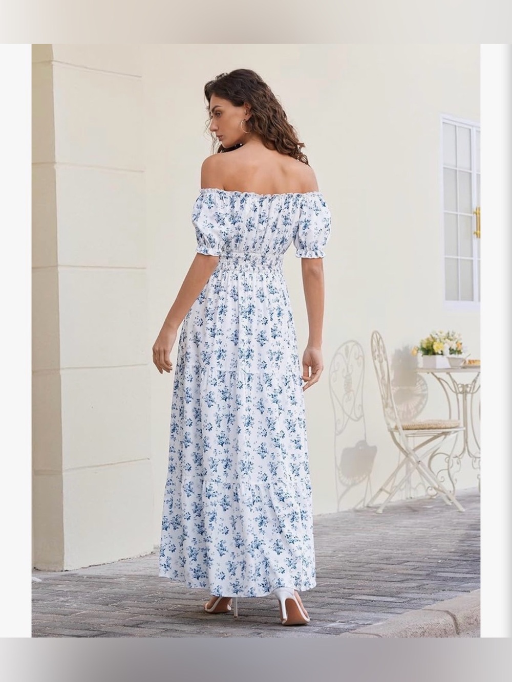 Off-Shoulder Blue Floral Maxi Dress NWT LARGE - Picture 3 of 5